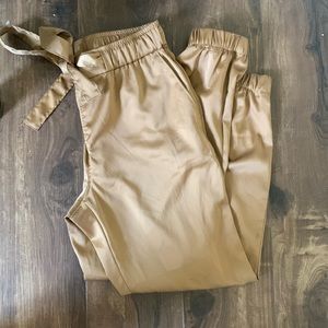Brown silk jogger pants with tie